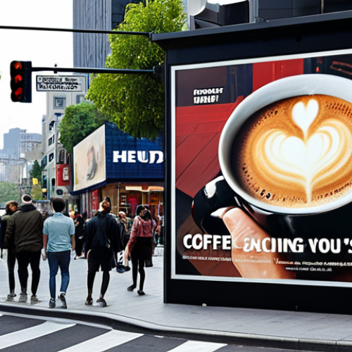**

Prompt: A visually striking billboard advertisement for a coffee brand, emphasizing the availability heuristic. Show a busy city street with the billboard prominently displayed, influencing a commuter's decision to purchase that specific brand. The scene should convey a sense of familiarity and easy access.

**