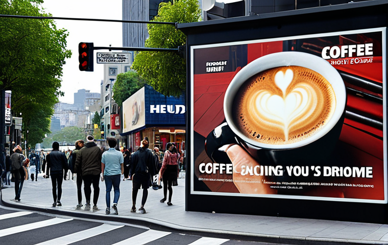 **

Prompt: A visually striking billboard advertisement for a coffee brand, emphasizing the availability heuristic. Show a busy city street with the billboard prominently displayed, influencing a commuter's decision to purchase that specific brand. The scene should convey a sense of familiarity and easy access.

**