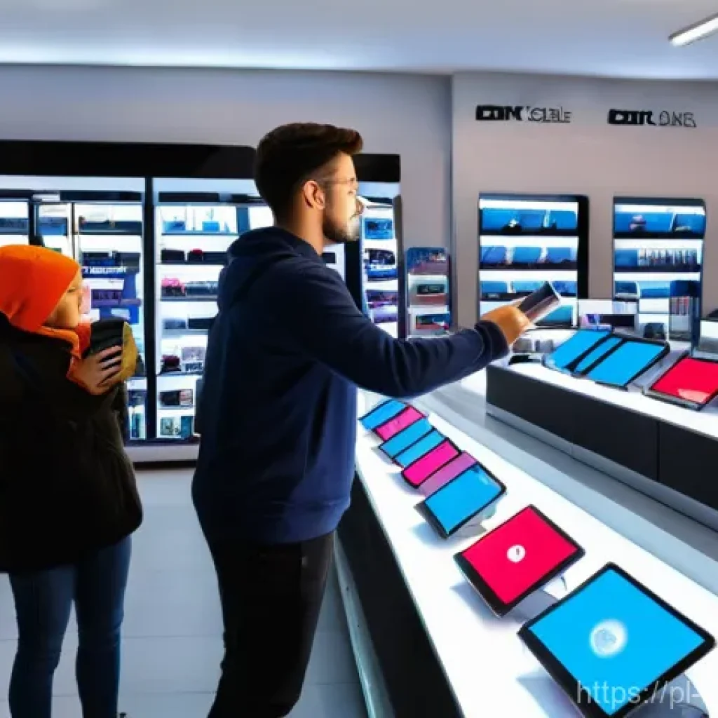 행동경제학을 통한 광고 메시지 최적화 - A vibrant, dynamic scene inside a modern, well-lit electronics store, with a prominent digital displ...