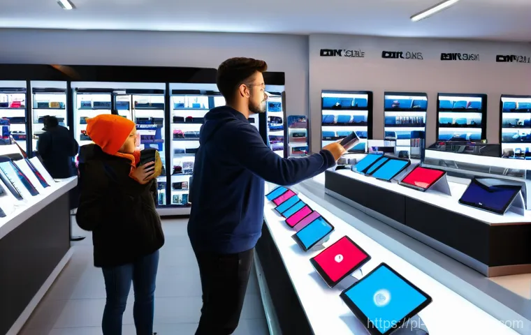 행동경제학을 통한 광고 메시지 최적화 - A vibrant, dynamic scene inside a modern, well-lit electronics store, with a prominent digital displ...