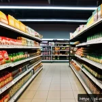 행동경제학의 관점에서 본 소비자 기대 - A modern Polish grocery store aisle with vibrant packaging prominently displaying limited stock sign...